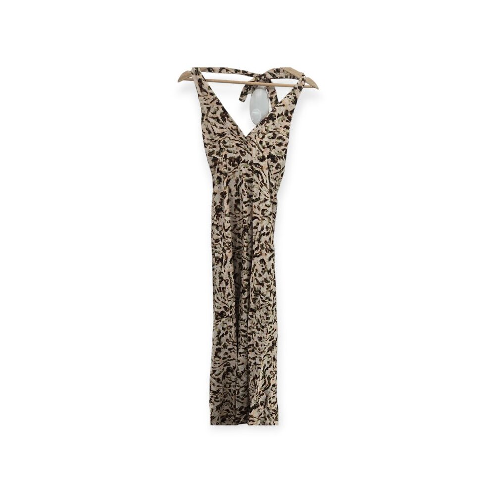 Monteau Halter Cream Brown Green Animal Print Maxi Dress